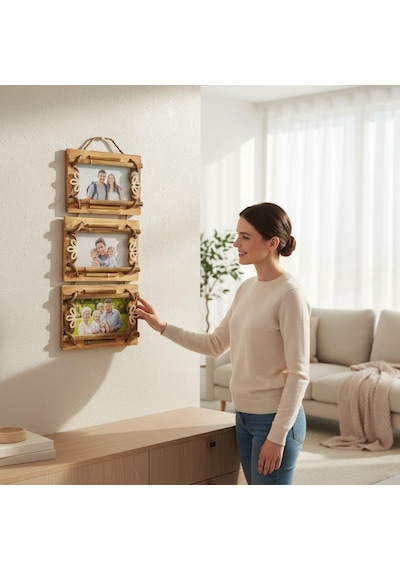 El Yapımı Doğal Ahşap 3 Lü Bambu Bamboo Fotoğraf Çerçevesi Dekoratif Ev Ofis Hediyesi Duvar Süsü - 4