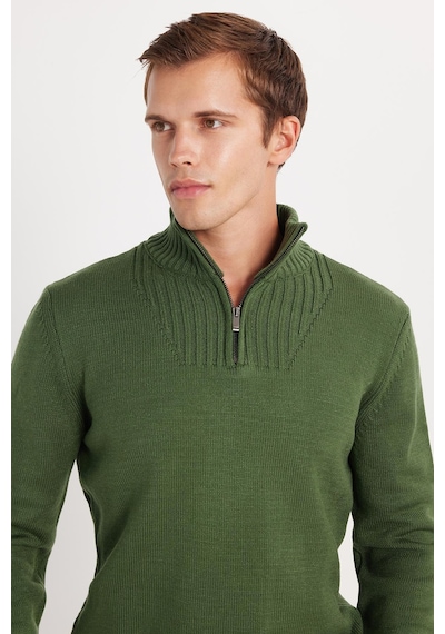 Tudors Erkek Slim Fit Dar Kesim Armürlü Fermuarlı Yeşil Dik Yaka Kazak-34920 Yeşil