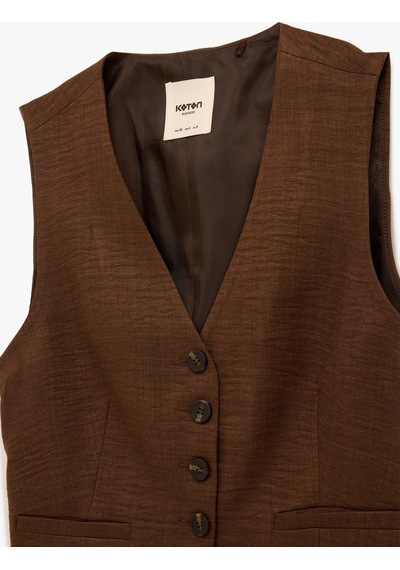 Koton Regular Fit Cepli V Yaka Blazer Yelek Kahverengi 6sak20041uw Kahve