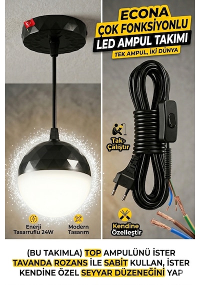 24w Çok Fonksiyonlu Led Top Ampul Takımı ,hem Tavan Askılı Hem Seyyar Fişli Kablolu Set,fişli Taşınabilir Gece Lambası