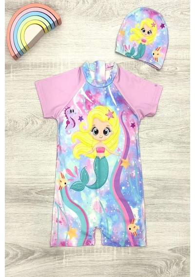 My Kids Wear Dalgıç Kumaş Gizli Fermuarlı Boneli Karakter Desenli Kız Çocuk Mayo Mor - Lacivert