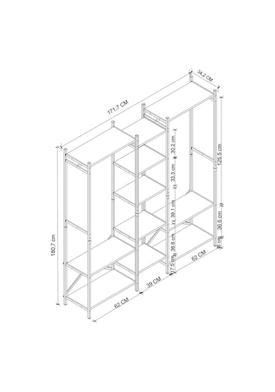 10 Raflı Metal Gardırop Metal Portmanto Açık Gardırop Elbise Dolabı Vestiyer Openix Antrasit
