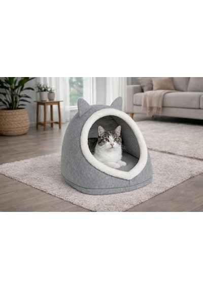 Gobypet Alas Gri Keçe Kedi Ve Köpek Evi Yatağı Kapalı Tasarım, Sıcak Ve Yumuşak Pet Yuvası, Kaymaz Paspas Set