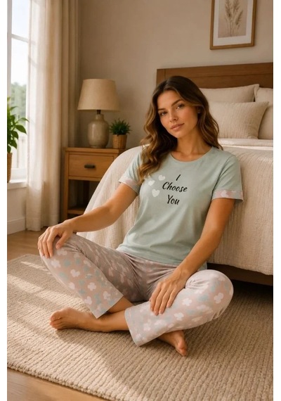 Zenna Tarz Pamuklu Penye Baskılı Kısa Kollu Bisiklet Yaka Pijama Takımı - Mint