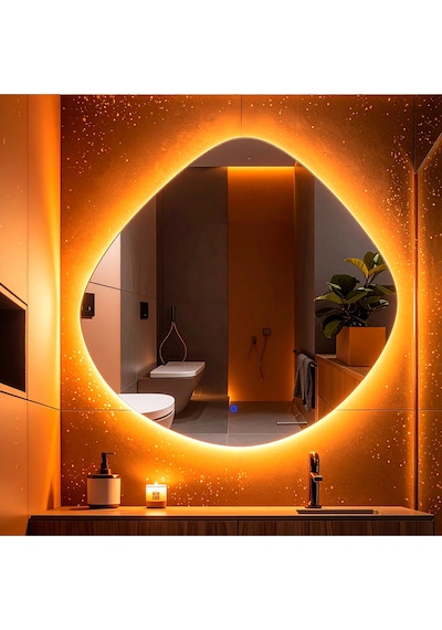 Zynor Amber Led'li Lazer Kumlamalı Lavabo & Banyo Aynası Dokunmatik Sensörlü 90 X 90 Turuncu
