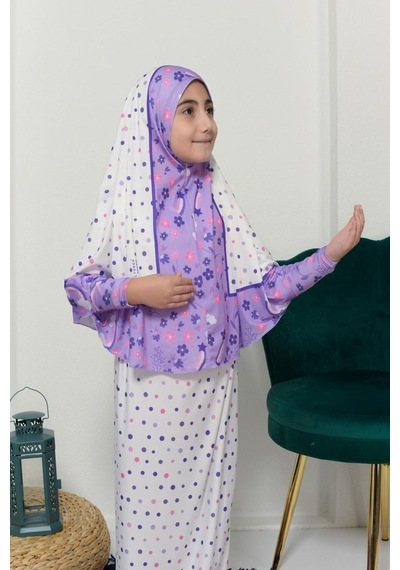 Çocuk Namaz Takımı Pratik İki Parça Desenli Kollu Tak Çıkar Başörtülü Likralı Tesettür Elbise 6-12 Yaş 901-0401 Çok Renkli
