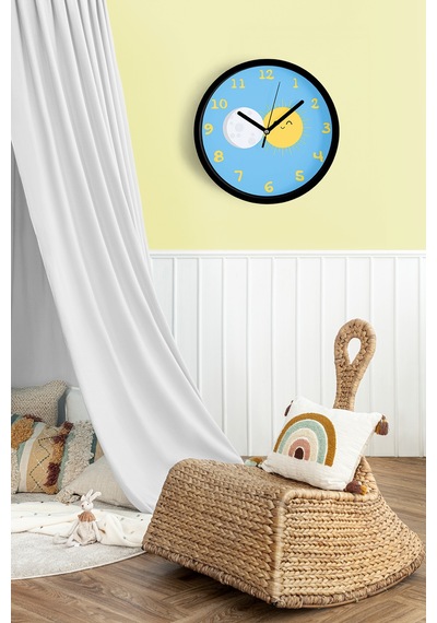Sevimli Güneş Ile Ay Tasarımı Çocuk Odası Duvar Saati - 30cm - Önü Camlı Siyah Kasa-jh0790 Siyah