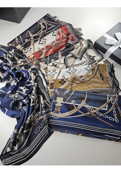 Miorel Scarfs Yeni Sezon Lv Kemer Desen Vual İpek Şal Yeni Sezon Silk Scarfs Shawl Hijab Fular Bej - Antrasit