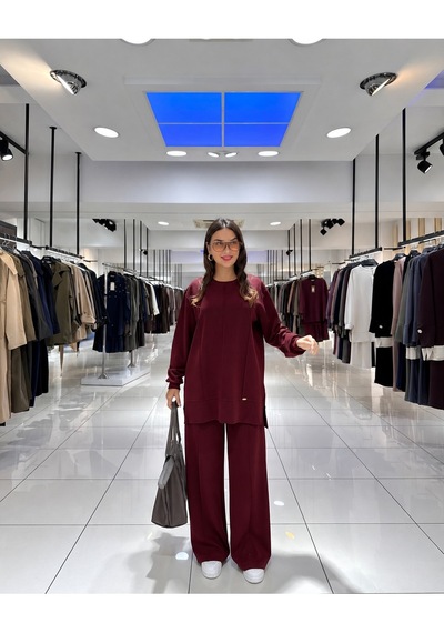 Blue Day's Oysho Puf Kumaş Tesettür Alt Üst Takım Bordo