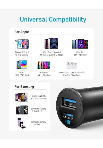 Usb-c Araç Şarj Cihazı, 30w, 2 Bağlantı Noktalı, Powerıq 3.0, Siyah - A2741