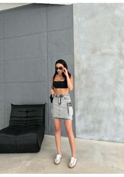 Zeo Basic Kargo Cep Detaylı Grey Ice Wash Mini Denim Etek Gri