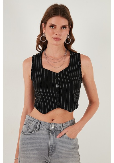 Lela Slim Fit Kalp Yaka Düğmeli Kalın Askılı Crop Bayan Yelek 5865497 Beyaz-Siyah