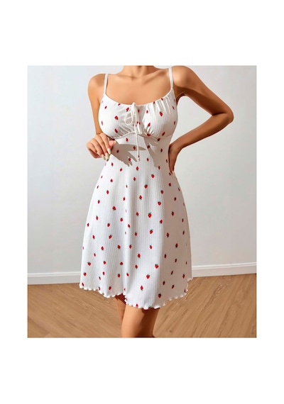 Doğu Collection Kadın Çilek Desenli Beyaz Renk Pamuk Pijama Takımı 13007