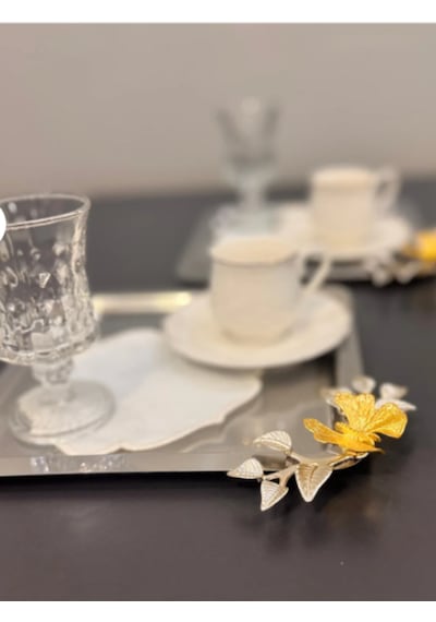 6 Lı Paslanmaz Kare Yaprak Ve Kelebek Desenli Sunum Tepsisi Gri - Gümüş