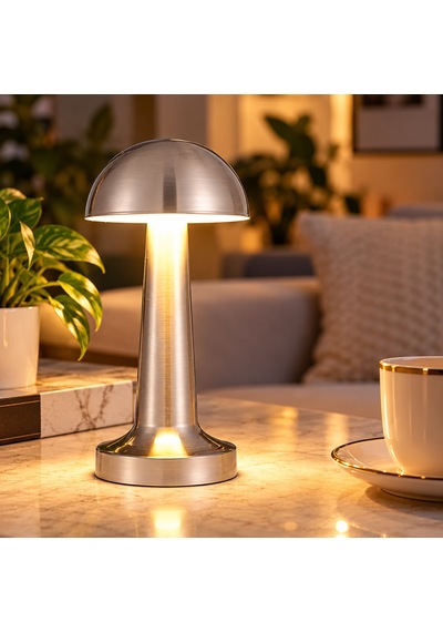 Modern Tasarımlı Led Masa Lambası - 3 Mod Metalik Gümüş Renk Dekoratif Abajur, Şık Ve Minimalist Masaüstü Aydınlatma Gri