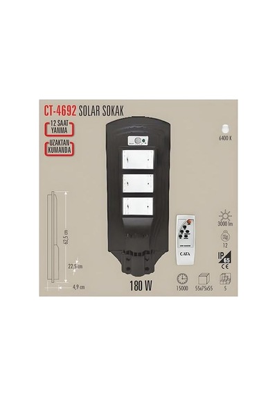 Cata Ct-4692 Solar Güneş Enerjili Uzaktan Kumandalı Bahçe Sokak Aydınlatma Lambası 6400k 180w