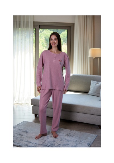 Estiva Kadın Nakış İşlemeli Patlı İnterlok Şardonlu Pijama Takımı Pudra