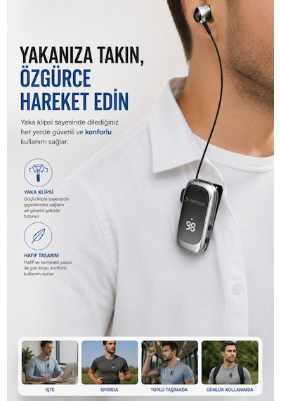 Kensa Makaralı Kulaklık Bluetooth 6.0 20 Saat Konuşma Dijital Ekran Titreşimli Hızlı Şarjlı