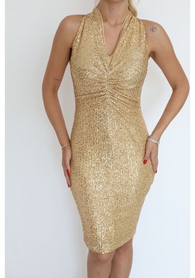 Lodmela Halter Yaka Pile Detaylı Payetli Midi Elbise 6095-gold Altın
