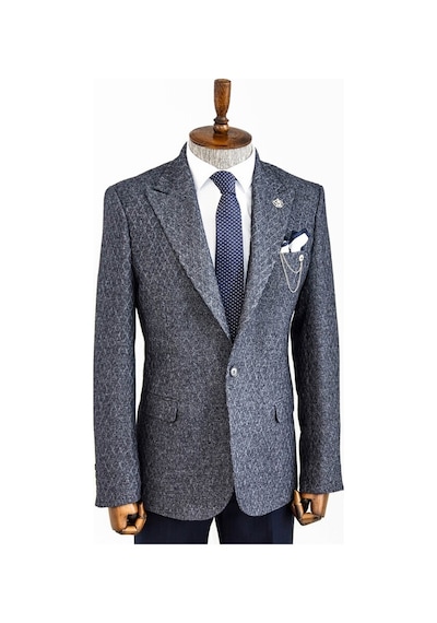 Wessi Kendinden Desenli Slim Fit Yün Erkek Lacivert Ceket Taba