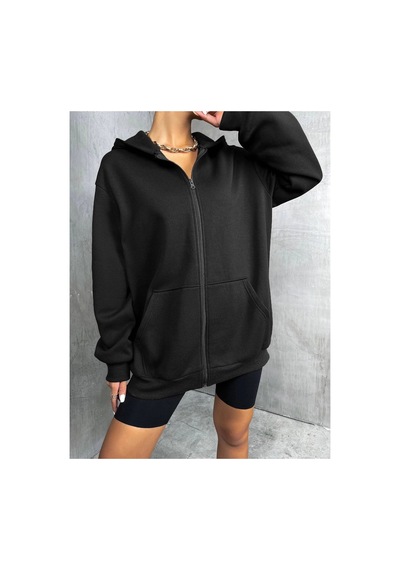 Tarzsokak Unisex Renkli Oversize Kapüşonlu Fermuarlı Hırka Siyah