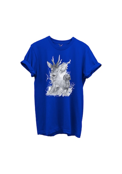 Geyik Ve Av Köpeği Çizim Baskılı %100 Pamuk Regular Fit Bisiklet Yaka Unisex T-shirt Saks Mavi