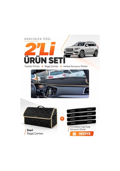 Volvo Xc-90 2015-2024 Uyumlu Torpido Örtüsü + Deri Bagaj Çantası + Sticker Seti - Siyah Bej