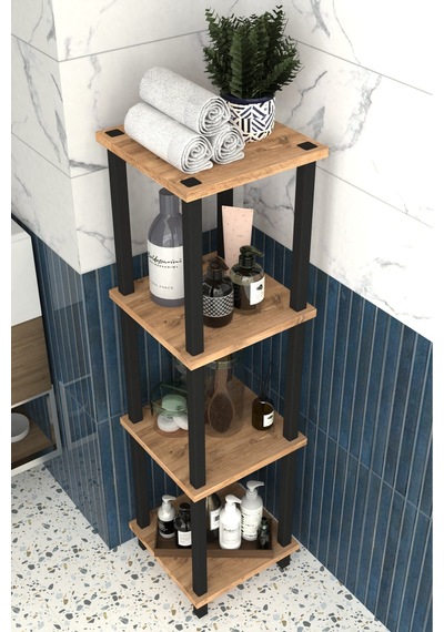 Viva 4 Katlı Çok Amaçlı Banyo Rafı Metal Ayaklı Organizer- Meşe Kahverengi