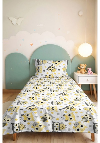 Evimde Bambaşka Sarı Gri Baykuş Çocuk Odası Tek Kişilik Pike Takımı-sevimli Modern 160x220  CM Kapitone Yatak Örtüsü