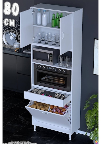 Belin 80 Cm Fırın Dolabı Kahve Köşesi Kapaklı Sepetli Mutfak Kiler Dolabı Banyo Dolabı 80x226x32 Cm Beyaz