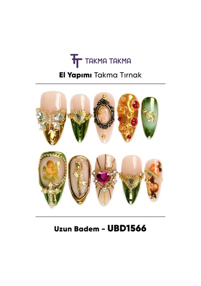 10'lu Renkli Uzun Badem Ubd1566 Tekrar Kullanılabilir El Yapımı Protez Takma Tırnak Xs