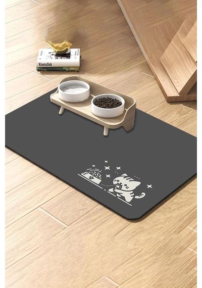 Matgo Pati Mama Çeken Kedi Gri Renk Beslenme Matı Kaymaz Sıvı Geçirmez Kedi Köpek Mama Paspası 50x70cm