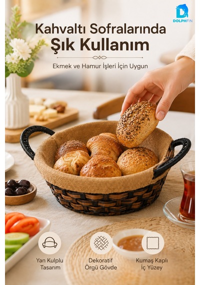 Yuvarlak Hasır Ekmeklik 24 Cm Kumaş Kaplı Dekoratif Ekmek Sepeti Yan Kulplu Kahverengi