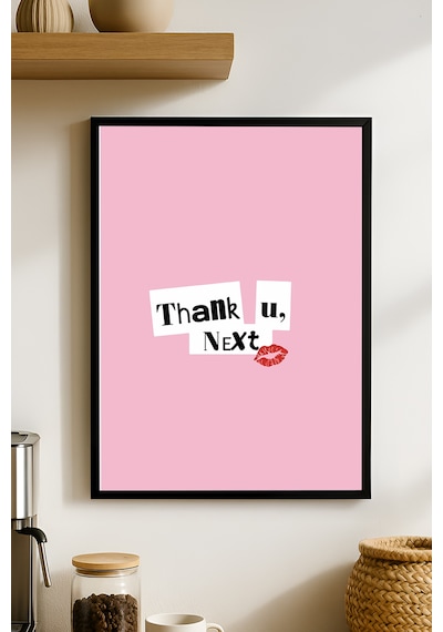 Thank You, Next Doğal Ahşap Çerçeveli Poster, Dekoratif Pembe Duvar Tablosu