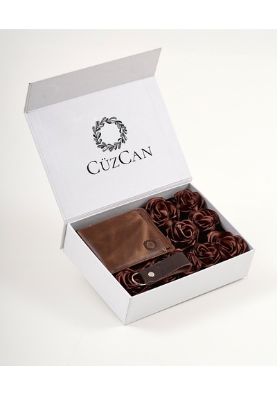 Premium Gift Rose Box - M.utd Kahve Hakiki Deri Cüzdan - Kartlık - Anahtarlık Ve Kahve Gül Kutusu Antik Kahve