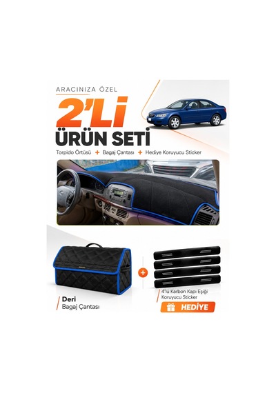 E-biz Hyundai Sonata 2004-2007 Uyumlu Torpido Örtüsü + Deri Bagaj Çantası - Siyah-mavi - Hu029