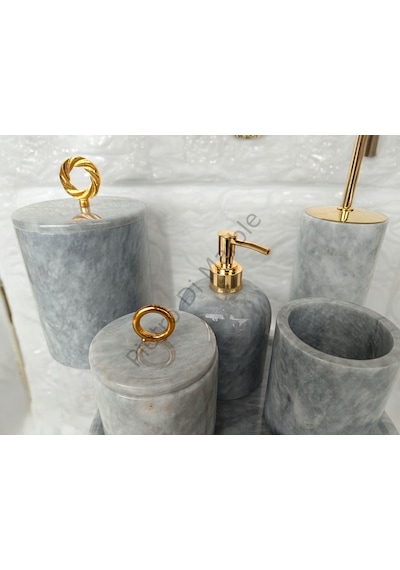 Gri Mermer Klasik Model 7 Parça Gold Renk Halka Aksesuarlı Banyo Seti Gri