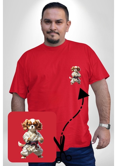 Angemiel Cavailer King Charles Spaniel Karate Kırmızı Büyük Beden Kadın Basic Minimal Baskılı Tişört Kırmızı