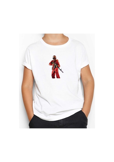 Zepplin Giyim GTA Robber In Red Suit Man Beyaz Çocuk Tişört Beyaz