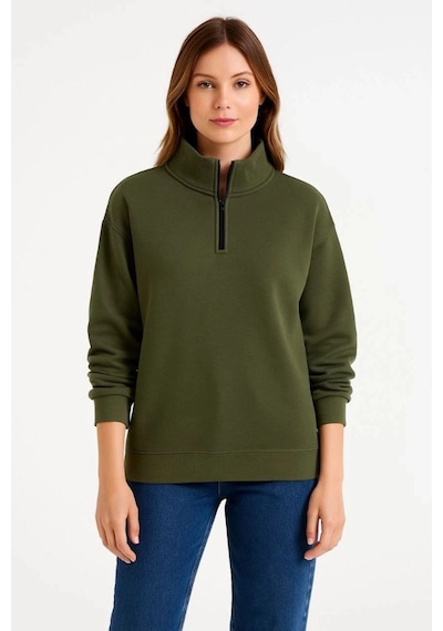 Freedom Storee Kadın 3 İplik Dık Yaka Yarım Fermuarlı Sweatshirt - Haki Çok Renkli