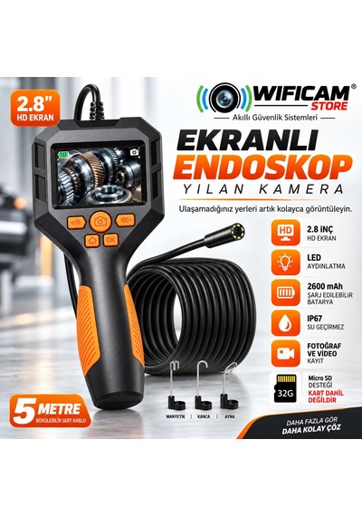 5 Metre El Tipi Ekranlı Yılan Kamera 5.5mm Lens Sert Kablo