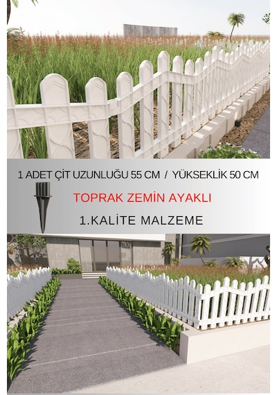 Dekoratif Plastik Bahçe ve Peyzaj Çiti 1 Adet Çit (Y: 50 CM / G: 55 CM) Toprak Ayaklı - Beyaz