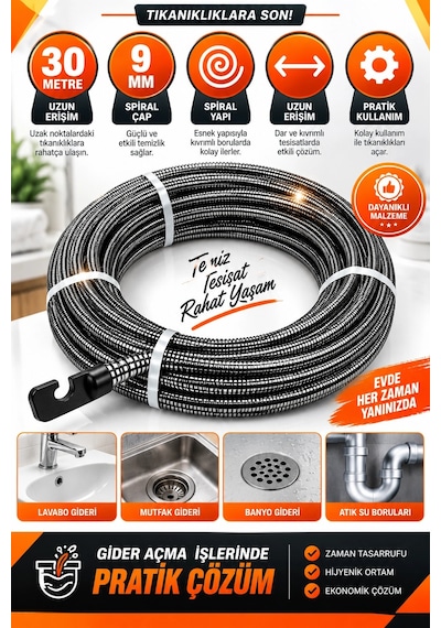 9 Mm 30 Metre Kanal Açıcı Spiral Tel Uzun Erişimli Esnek Gider Açma Susta Teli