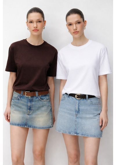 Mixray 48511 Kadın Oversize Basic %100 Pamuk 2 Li T-shirt Kahve Beyaz Kahverengi - Beyaz Mixray 48511 Kadın Oversize Basic %100 Pamuk 2 Li T-shirt Kahve Beyaz Kahverengi - Beyaz