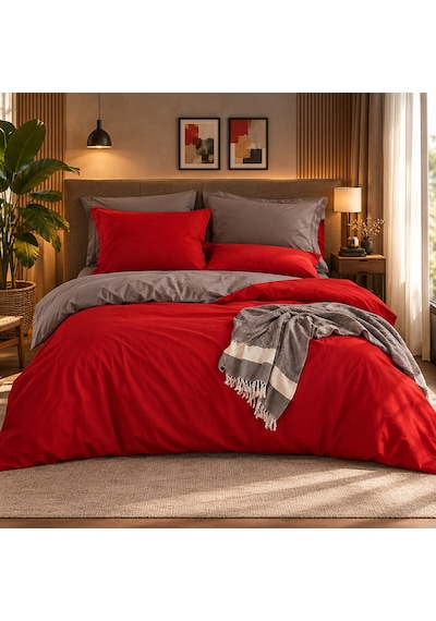 7days Çift Taraflı Çift Kişilik 6 Parça Nevresim Takımı 200x220 Gri Kırmızı