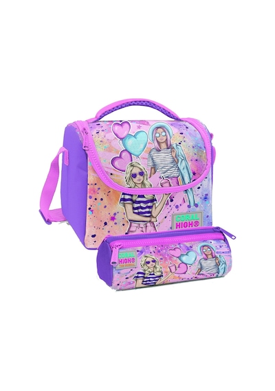 Coral High Pembe Mor Fashion Girl Desenli Kız Çocuk Isı Yalıtımlı Beslenme Çantası Ve Kalemlik Seti