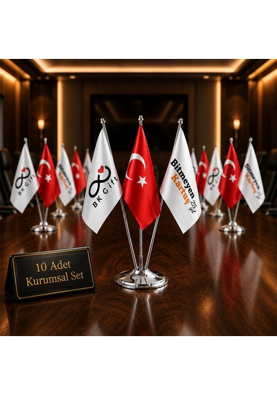 Logonuza Özel Üçlü Masaüstü Bayrak Seti Türk Bayrağı Ve 2 Adet Firma Logolu Bayrak 33 Cm