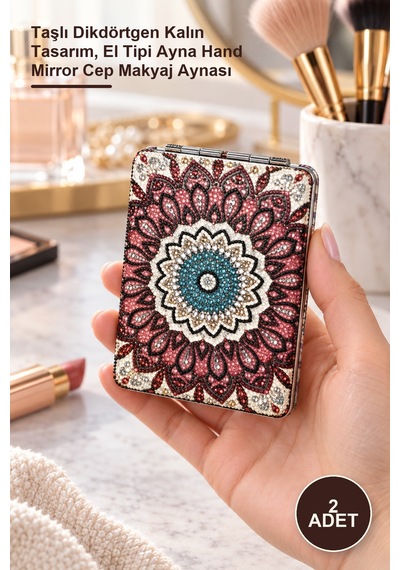 2 Adet El Aynası Taşlı Dikdörtgen Kalın Tasarım, El Tipi Ayna Hand Mirror Cep Makyaj Aynası Sarı