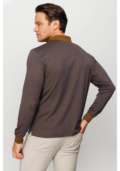Desen Triko Erkek Polo Yaka Jakarlı Minik Desenli Sweatshirt Kahve Kahve