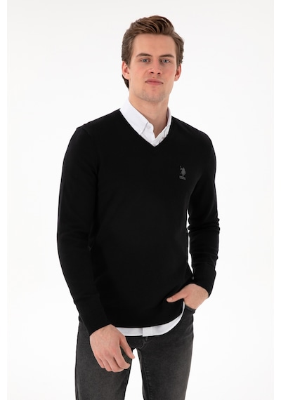 U.S. Polo Assn. Erkek Slim Fit V Yaka Siyah Basic Kazak 50288881-VR046